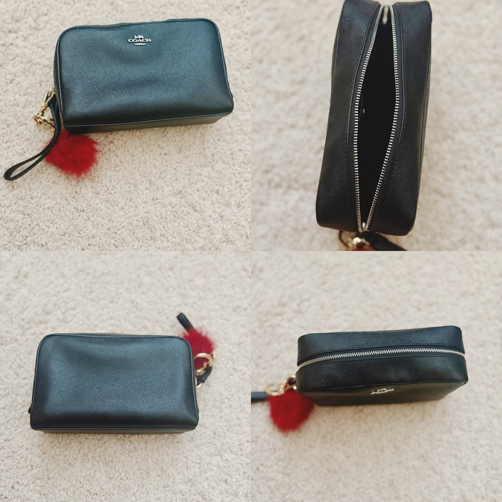 Coach Black Leather Wristlet with Red Pom Pom